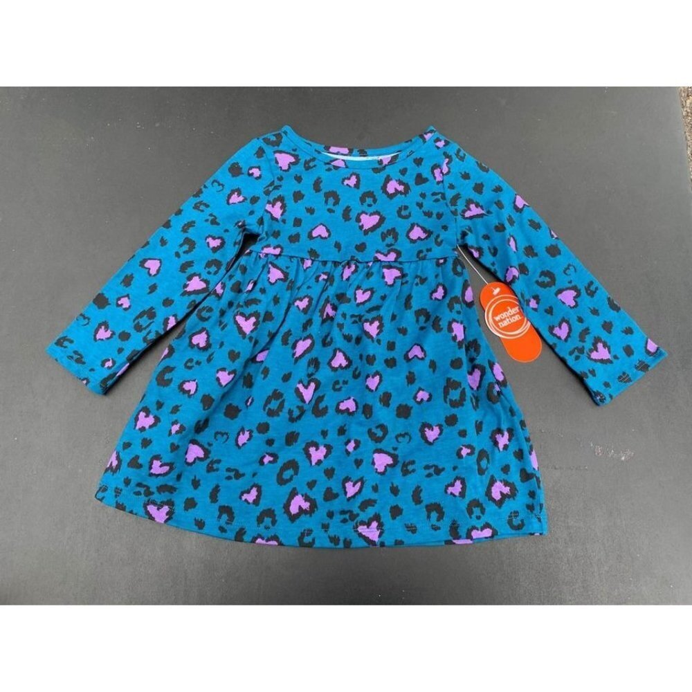 NWT Wonder Nation Long Sleeve Blue Animal Print Hearts Y2K Dress Size 2T Girls